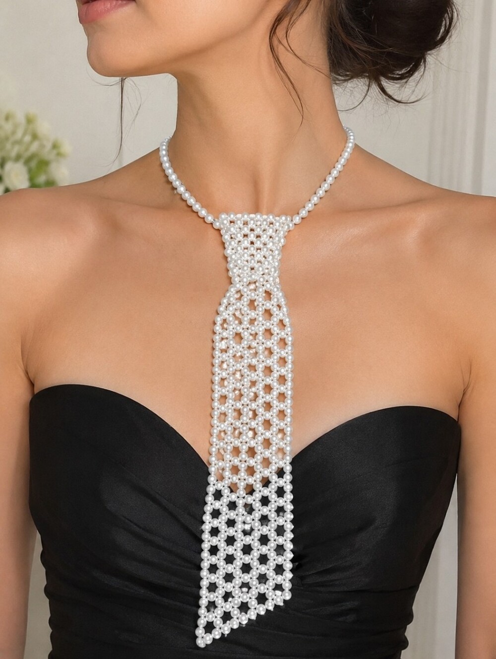 Vintage Hong Kong Faux Pearl Necktie Necklace 1960s Lariat Statement Jewelry
